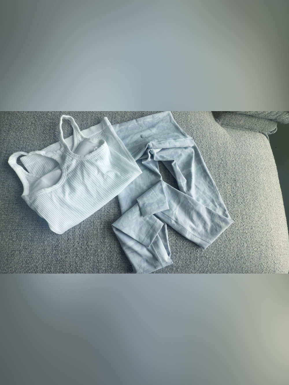 lululemon athletica White Ribbed Sports Bra with Pale Blue Patterned Leggings